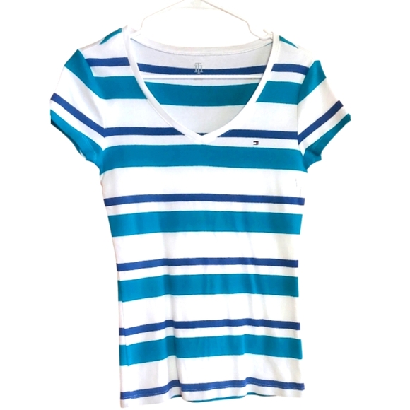 Tommy Hilfiger Cap Sleeve Teal/Royal/White Striped Tee Size Medium - Picture 1 of 6